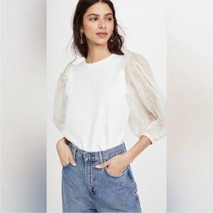 Sea Olive White Sheer Puff Sleeve T-Shirt Top L